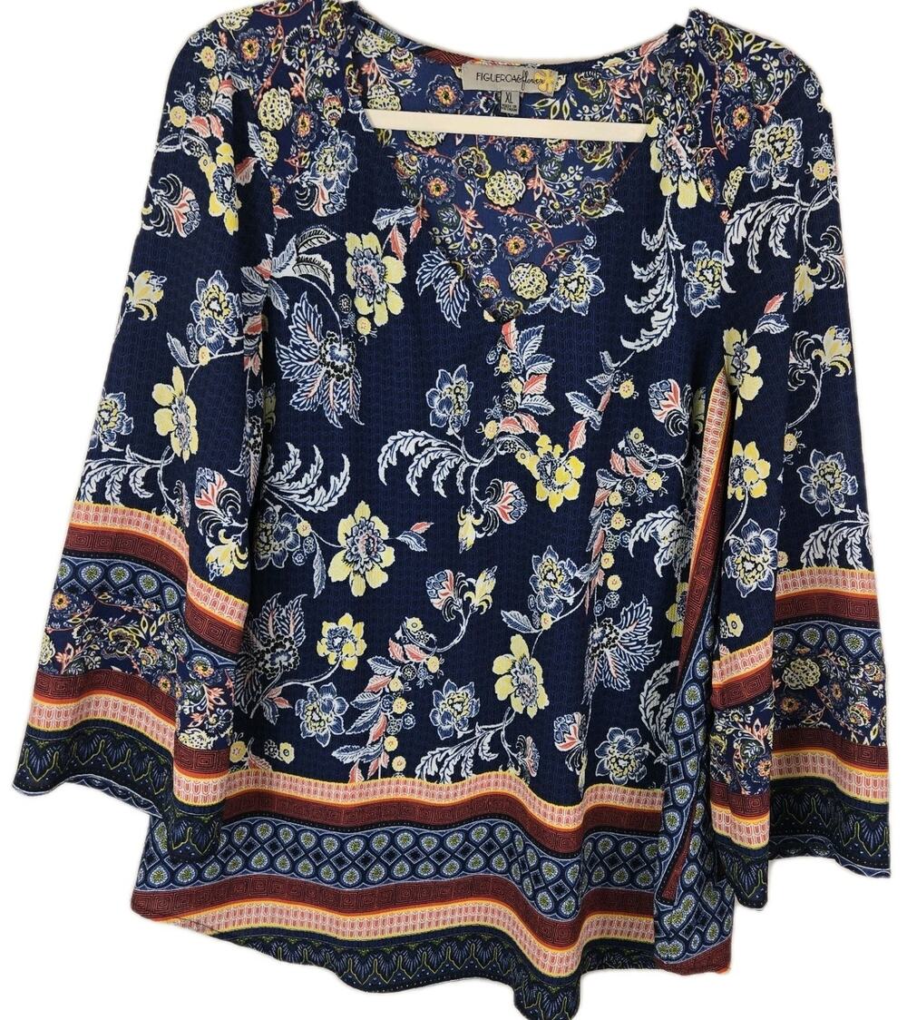 Figueroa & Flowers Tunic Womens XL Blue Multi Floral Bandana Boho Hippie FLOWY